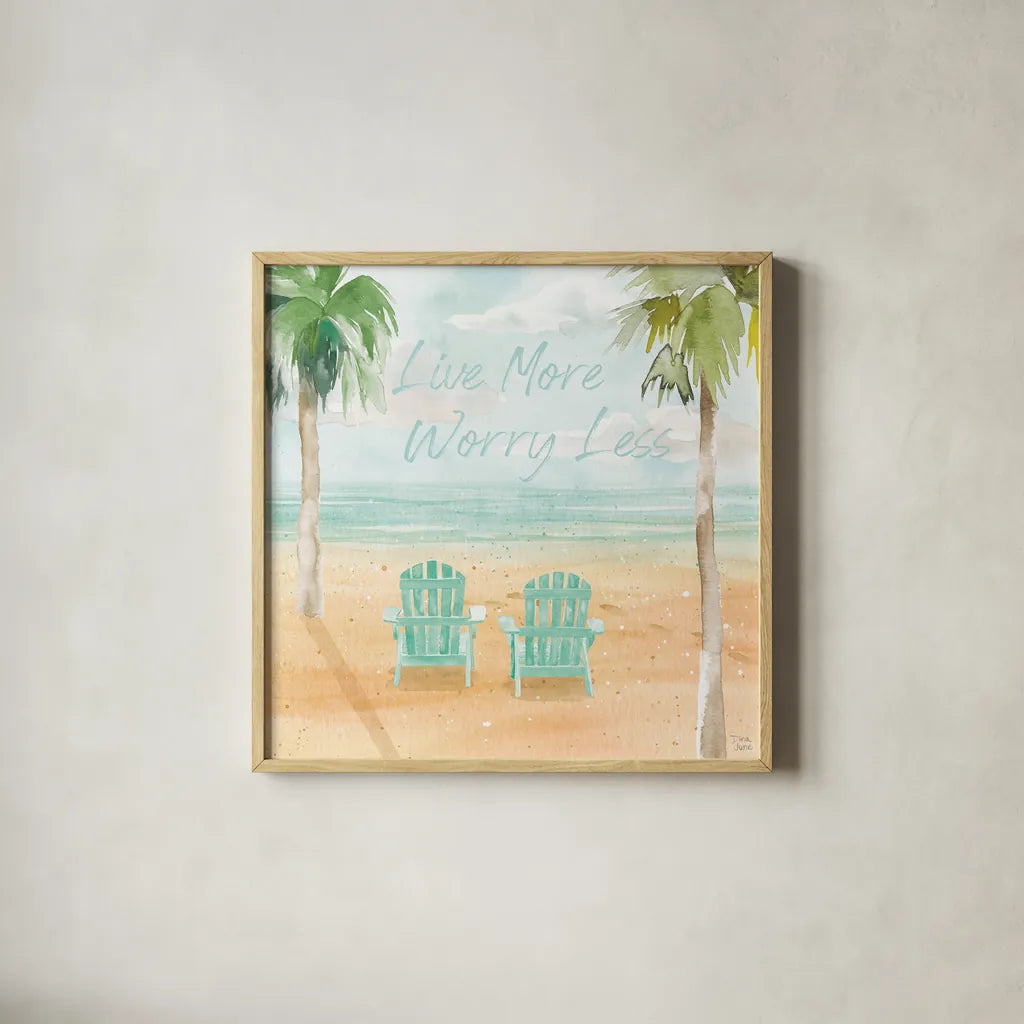 Surfs Up IV Live More by Dina June. Shown in a natural wood glass frame for a timeless modern aesthetic. Available as an archival giclee rolled canvas, fine art paper, or poster print. SKU 79168a.