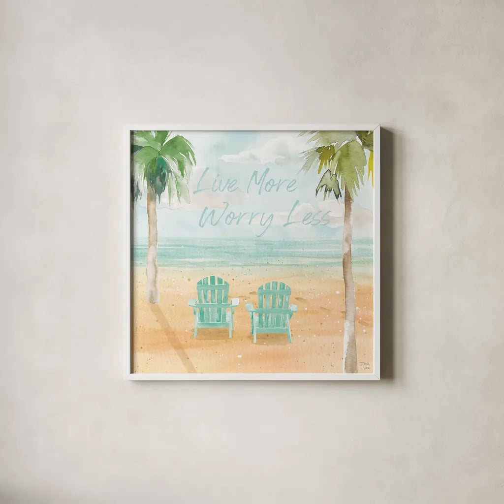 Surfs Up IV Live More by Dina June. Shown in a crisp white glass frame for a clean and minimalist style. Available as an archival giclee rolled canvas, fine art paper, or poster print. SKU 79168a.