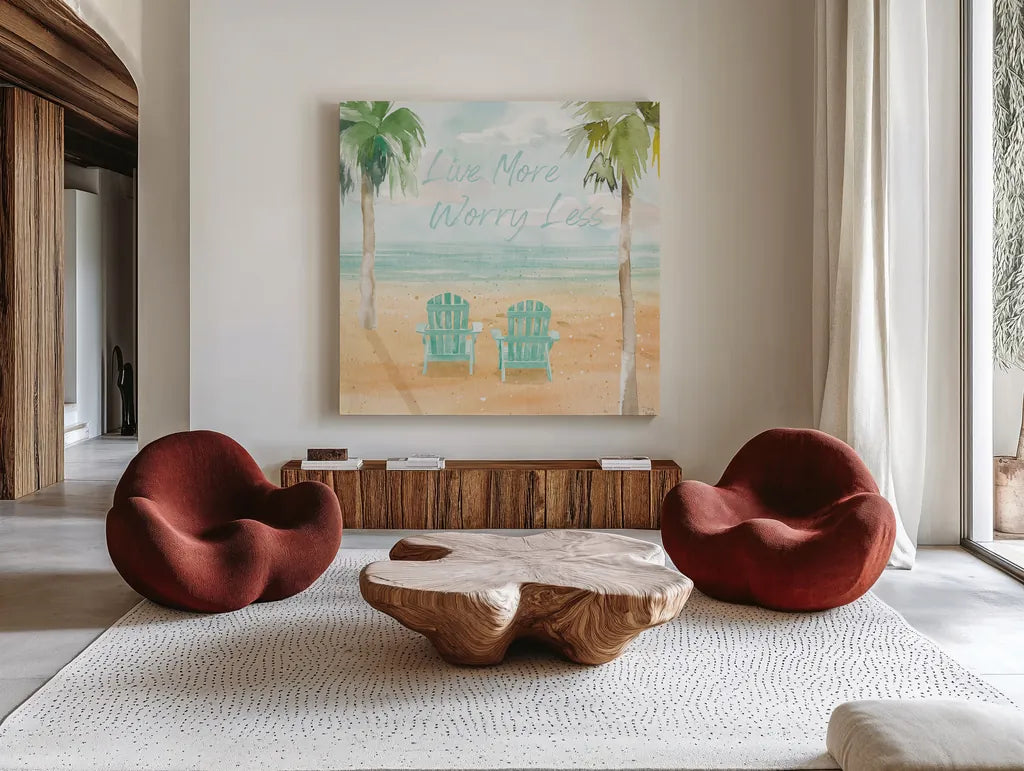 Surfs Up IV Live More by Dina June. Shown as extra-large giant wall art in a modern living room. Available as an archival giclee rolled canvas, fine art paper, or poster print. SKU 79168a.