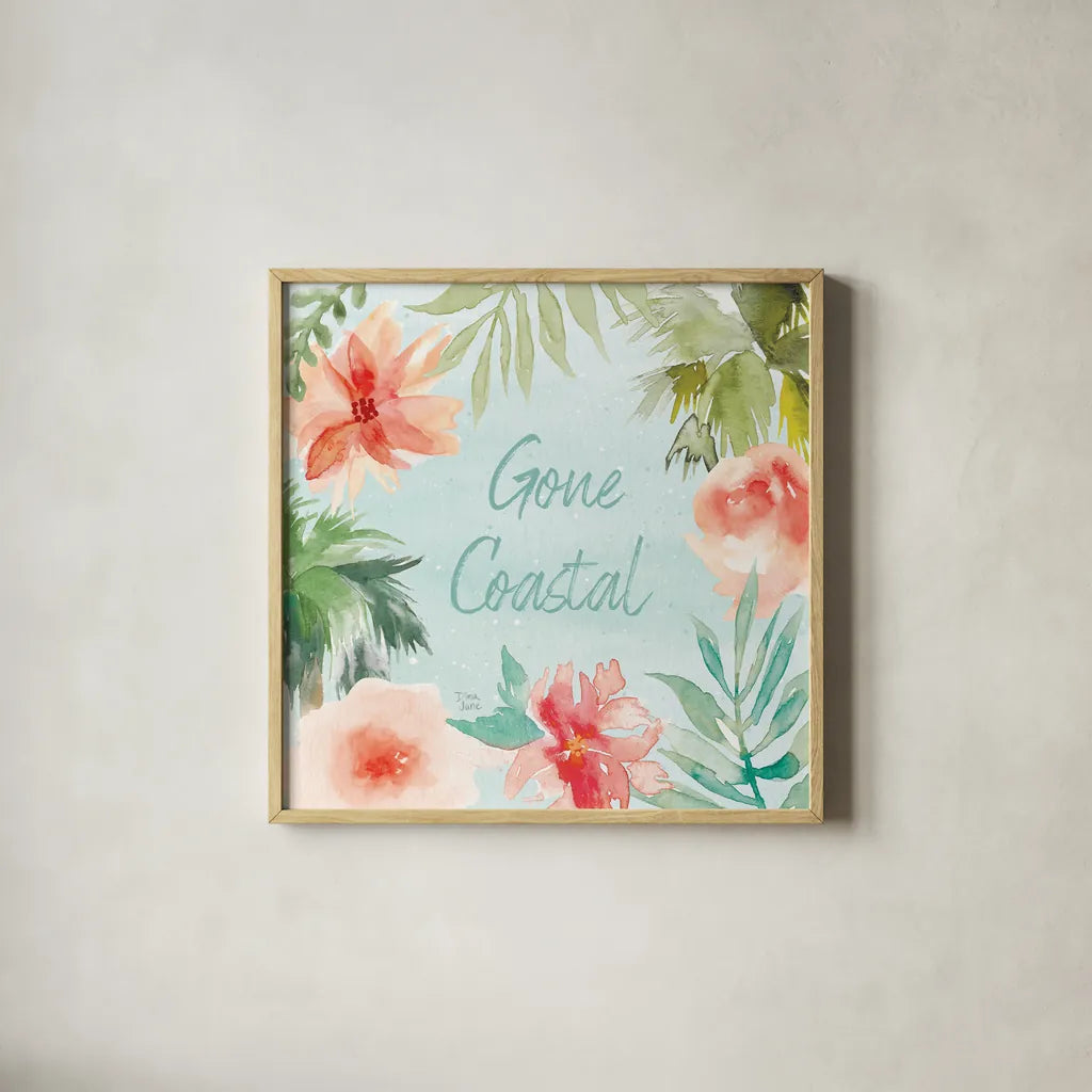 Surfs Up IX by Dina June. Shown in a natural wood glass frame for a timeless modern aesthetic. Available as an archival giclee rolled canvas, fine art paper, or poster print. SKU 65087a.