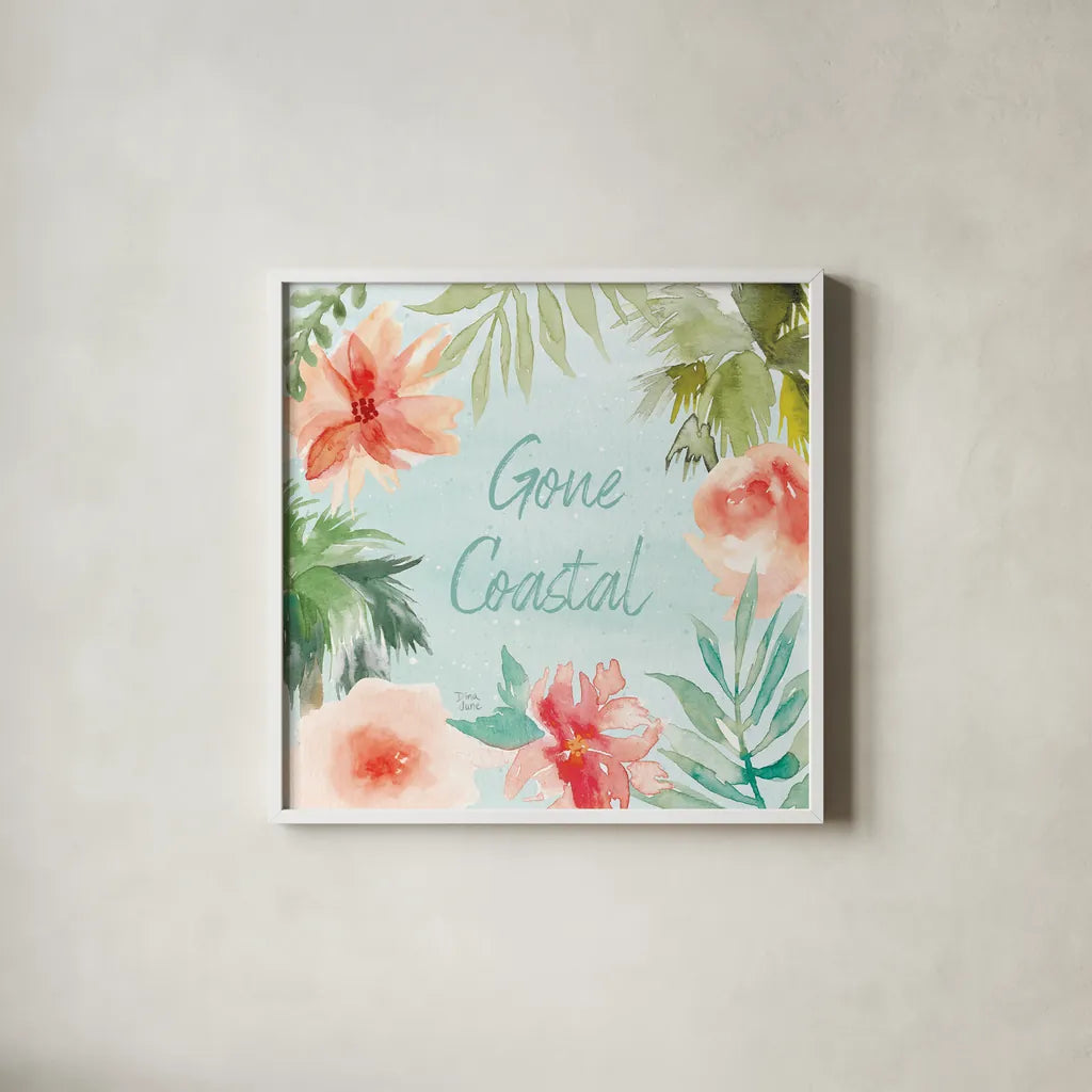 Surfs Up IX by Dina June. Shown in a crisp white glass frame for a clean and minimalist style. Available as an archival giclee rolled canvas, fine art paper, or poster print. SKU 65087a.