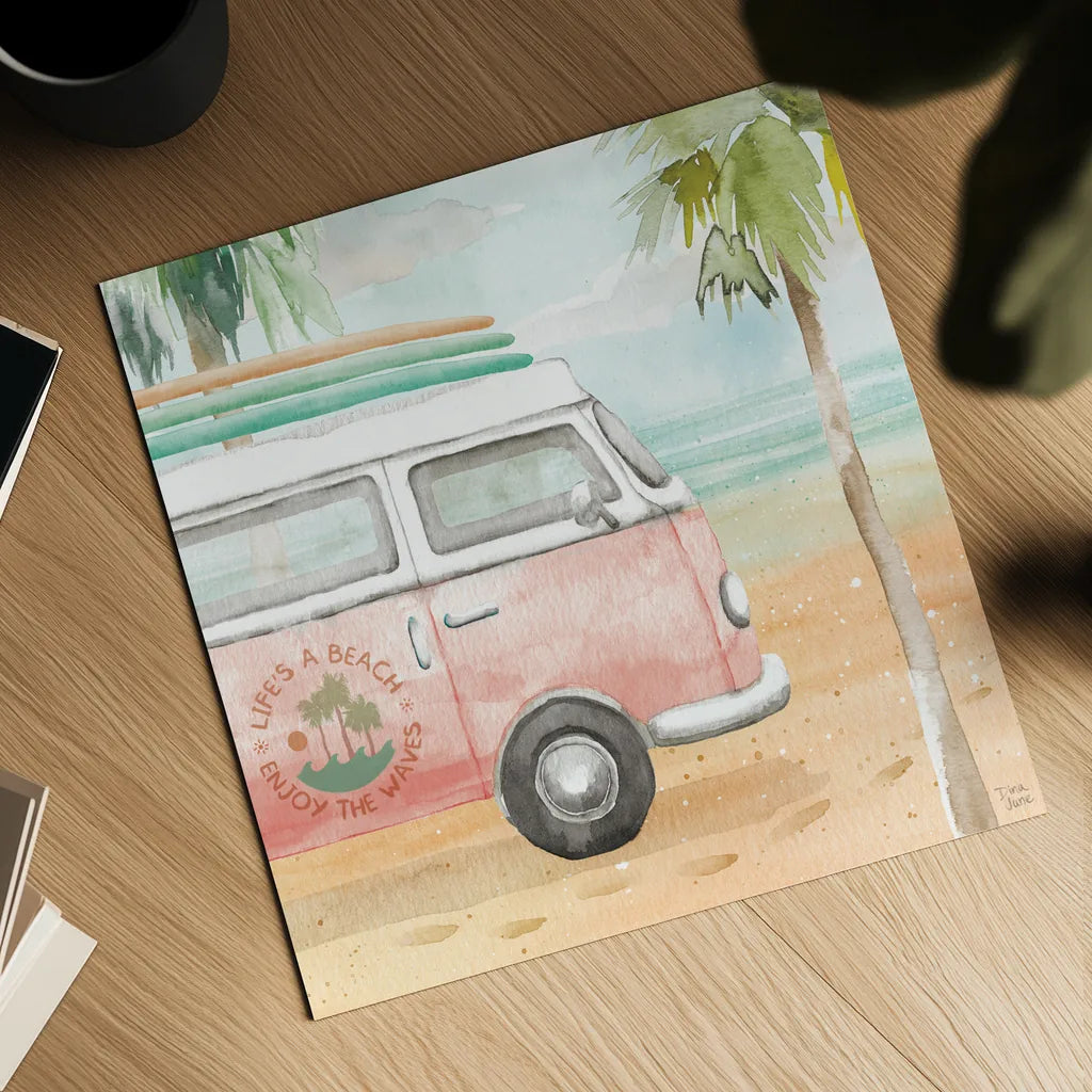 Surfs Up V by Dina June. Shown as a detailed flat fine art print, highlighting archival giclee quality. Available as an archival giclee rolled canvas, fine art paper, or poster print. SKU 65083a.