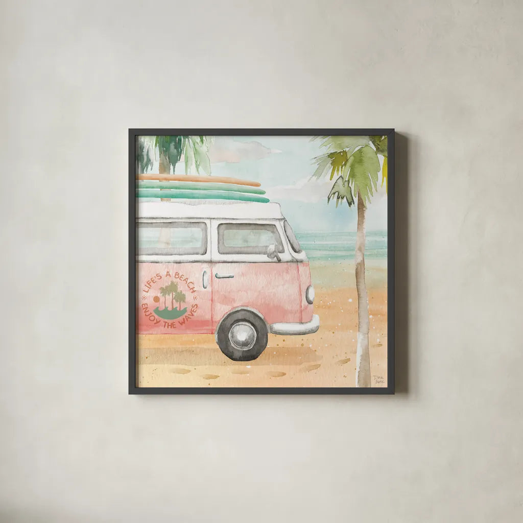 Surfs Up V by Dina June. Shown in a sleek black glass frame for a contemporary gallery look. Available as an archival giclee rolled canvas, fine art paper, or poster print. SKU 65083a.