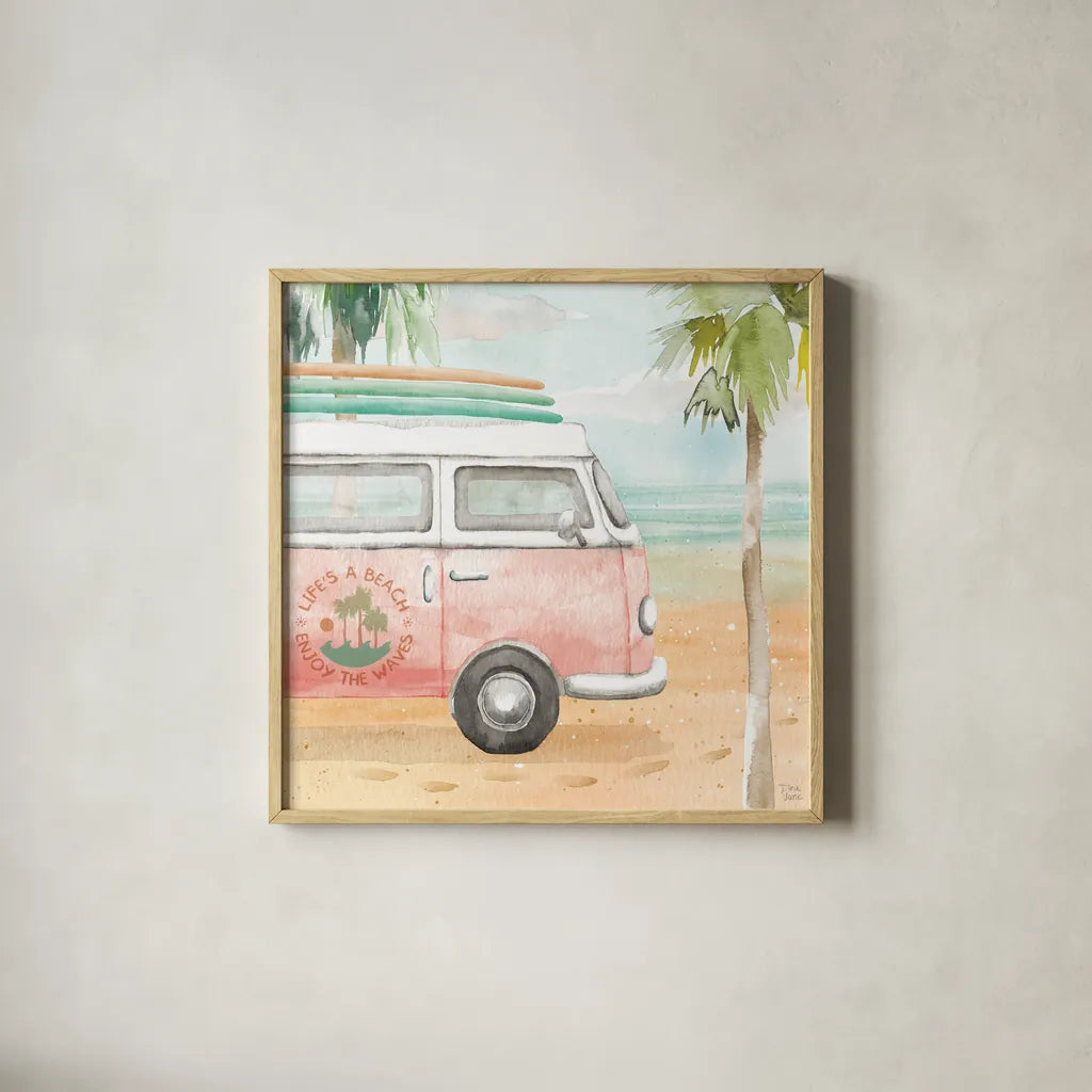 Surfs Up V by Dina June. Shown in a natural wood glass frame for a timeless modern aesthetic. Available as an archival giclee rolled canvas, fine art paper, or poster print. SKU 65083a.