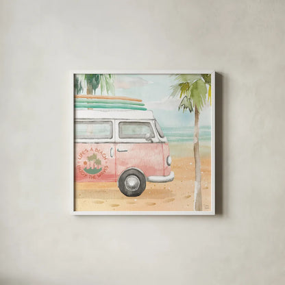 Surfs Up V by Dina June. Shown in a crisp white glass frame for a clean and minimalist style. Available as an archival giclee rolled canvas, fine art paper, or poster print. SKU 65083a.