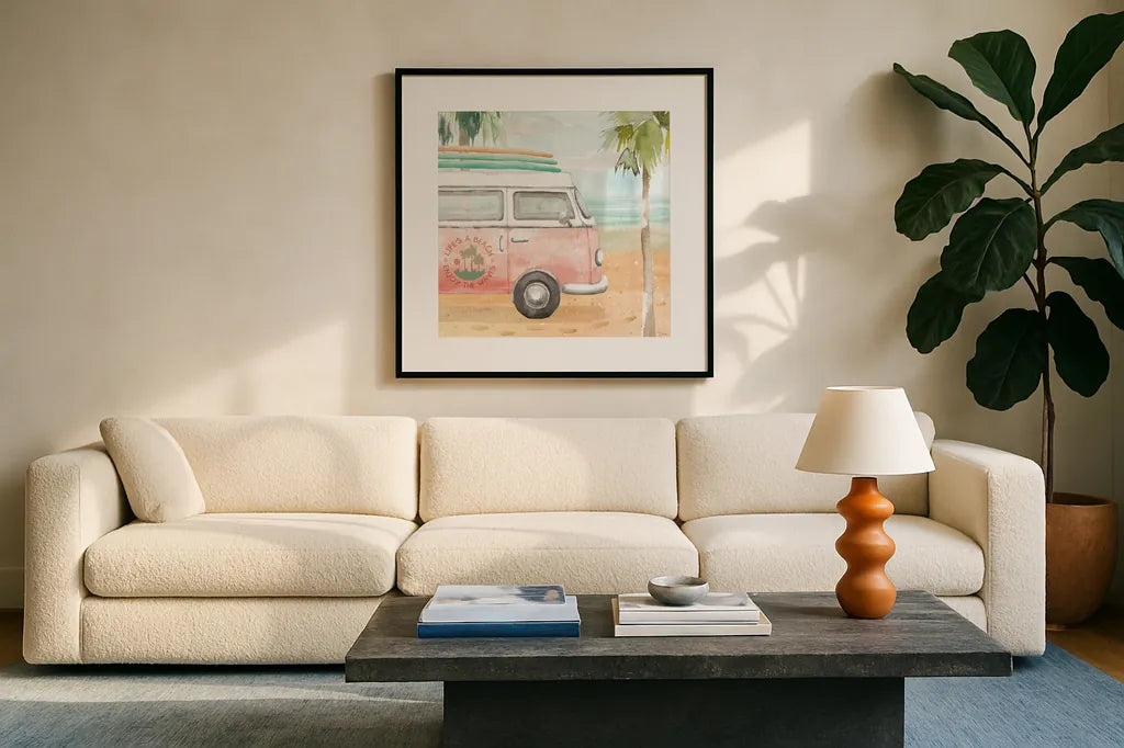 Surfs Up V by Dina June. Displayed in a glass frame with matte in a clean modern living room. Available as an archival giclee rolled canvas, fine art paper, or poster print. SKU 65083a.