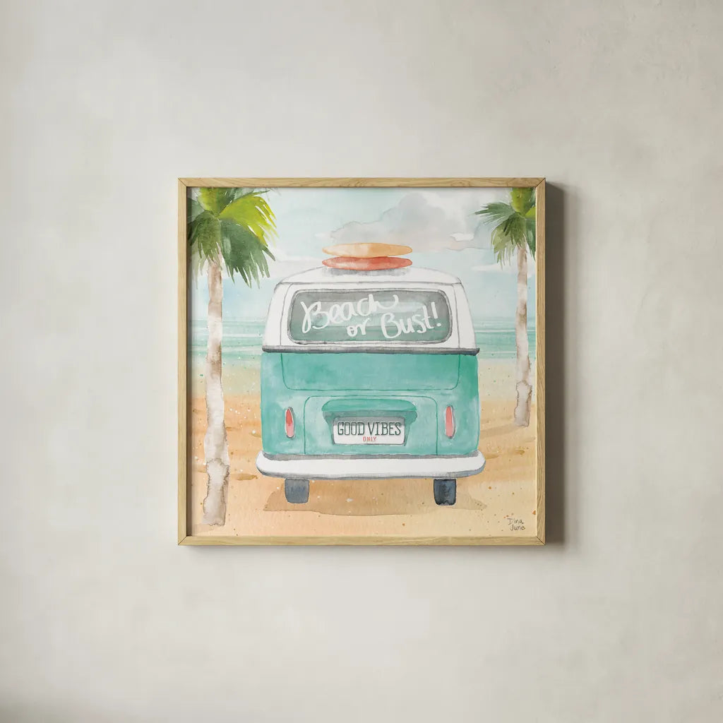 Surfs Up VI by Dina June. Shown in a natural wood glass frame for a timeless modern aesthetic. Available as an archival giclee rolled canvas, fine art paper, or poster print. SKU 65084a.