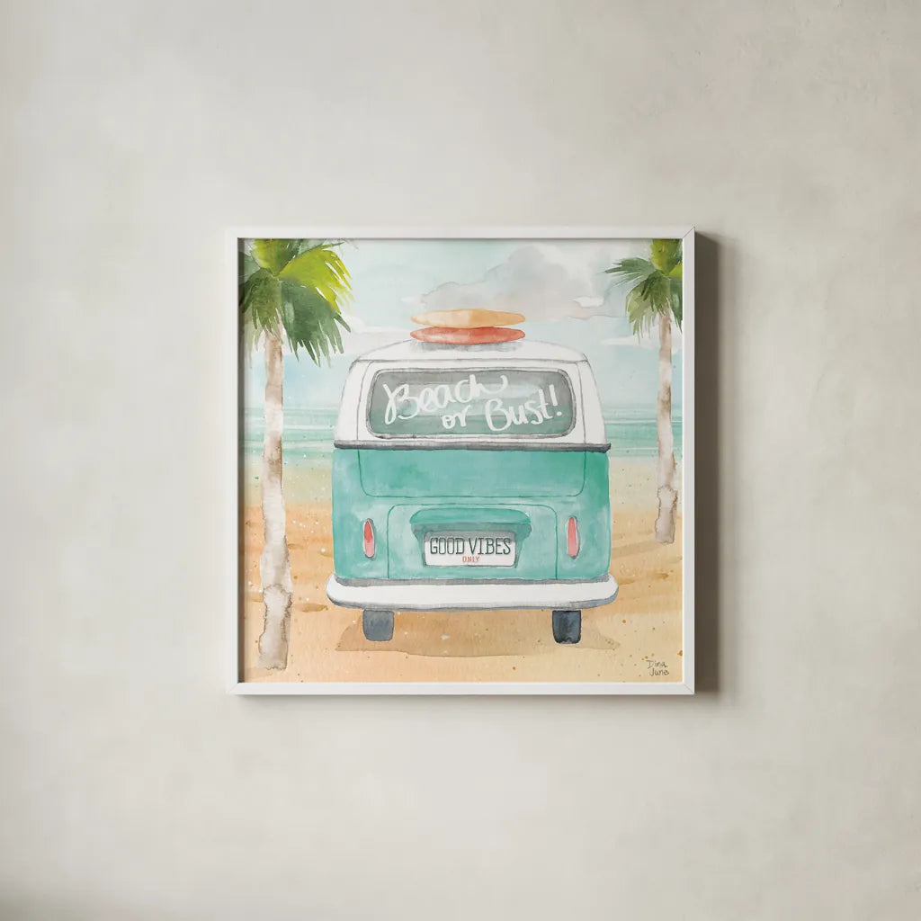 Surfs Up VI by Dina June. Shown in a crisp white glass frame for a clean and minimalist style. Available as an archival giclee rolled canvas, fine art paper, or poster print. SKU 65084a.