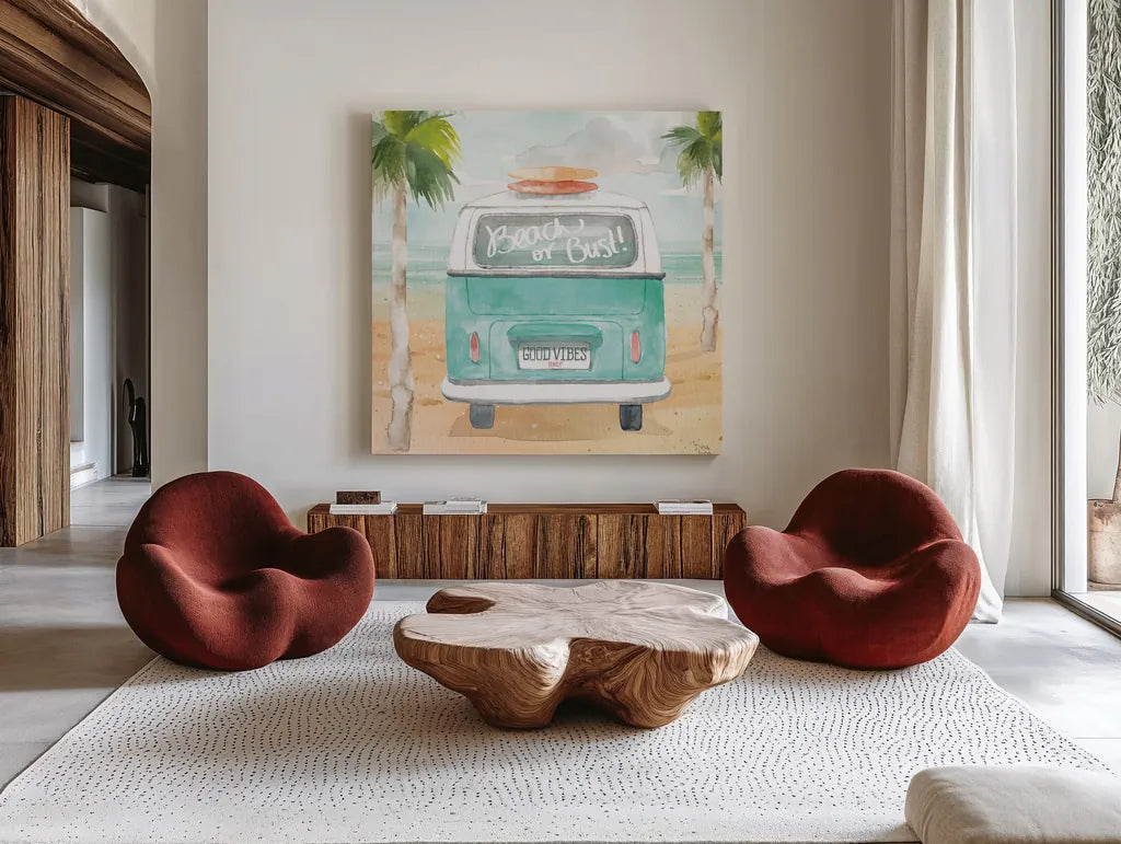 Surfs Up VI by Dina June. Shown as extra-large giant wall art in a modern living room. Available as an archival giclee rolled canvas, fine art paper, or poster print. SKU 65084a.