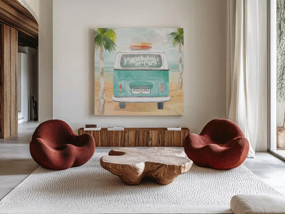 Surfs Up VI by Dina June. Shown as extra-large giant wall art in a modern living room. Available as an archival giclee rolled canvas, fine art paper, or poster print. SKU 65084a.