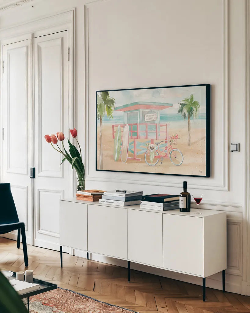 Surfs Up VII by Dina June. shown as a framed stretched canvas in a living room above a console. Available as a archival giclee rolled canvas, fine art paper, or poster print. SKU 65085i.