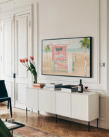 Surfs Up VIII by Dina June. shown as a framed stretched canvas in a living room above a console. Available as a archival giclee rolled canvas, fine art paper, or poster print. SKU 65086i.