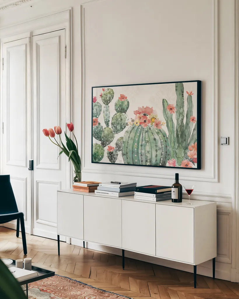 Sweet Southwest I by Dina June. shown as a framed stretched canvas in a living room above a console. Available as a archival giclee rolled canvas, fine art paper, or poster print. SKU 63095i.