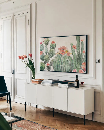 Sweet Southwest I by Dina June. shown as a framed stretched canvas in a living room above a console. Available as a archival giclee rolled canvas, fine art paper, or poster print. SKU 63095i.