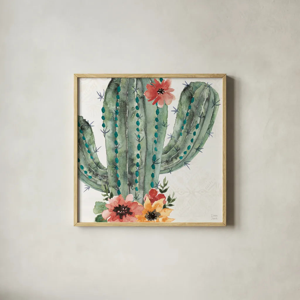 Sweet Southwest II by Dina June. Shown in a natural wood glass frame for a timeless modern aesthetic. Available as an archival giclee rolled canvas, fine art paper, or poster print. SKU 63096a.