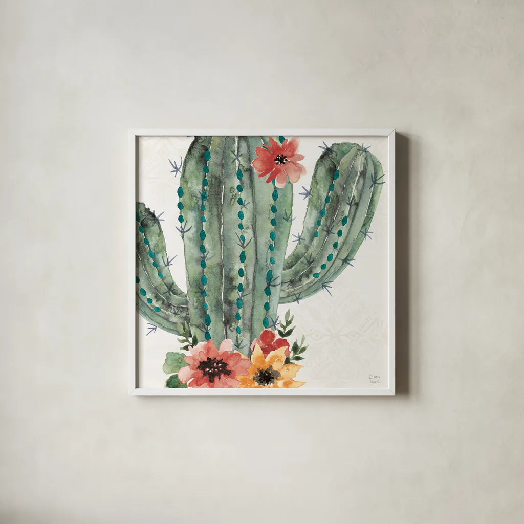 Sweet Southwest II by Dina June. Shown in a crisp white glass frame for a clean and minimalist style. Available as an archival giclee rolled canvas, fine art paper, or poster print. SKU 63096a.