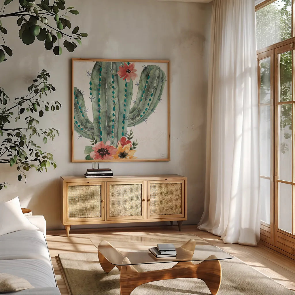Sweet Southwest II by Dina June. Shown in a natural wood frame in a cozy modern living room. Available as an archival giclee rolled canvas, fine art paper, or poster print. SKU 63096a.