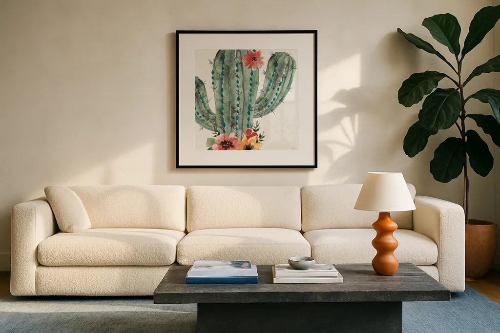 Sweet Southwest II by Dina June. Displayed in a glass frame with matte in a clean modern living room. Available as an archival giclee rolled canvas, fine art paper, or poster print. SKU 63096a.