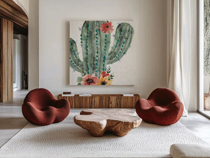 Sweet Southwest II by Dina June. Shown as extra-large giant wall art in a modern living room. Available as an archival giclee rolled canvas, fine art paper, or poster print. SKU 63096a.