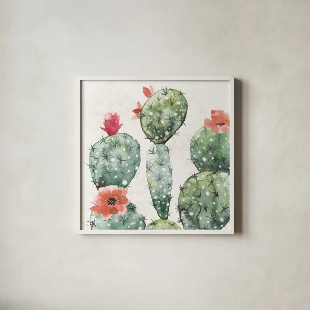 Sweet Southwest III by Dina June. Shown in a crisp white glass frame for a clean and minimalist style. Available as an archival giclee rolled canvas, fine art paper, or poster print. SKU 63097a.