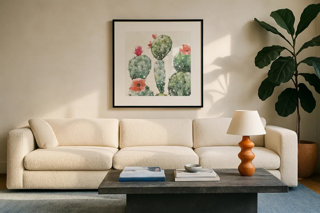 Sweet Southwest III by Dina June. Displayed in a glass frame with matte in a clean modern living room. Available as an archival giclee rolled canvas, fine art paper, or poster print. SKU 63097a.