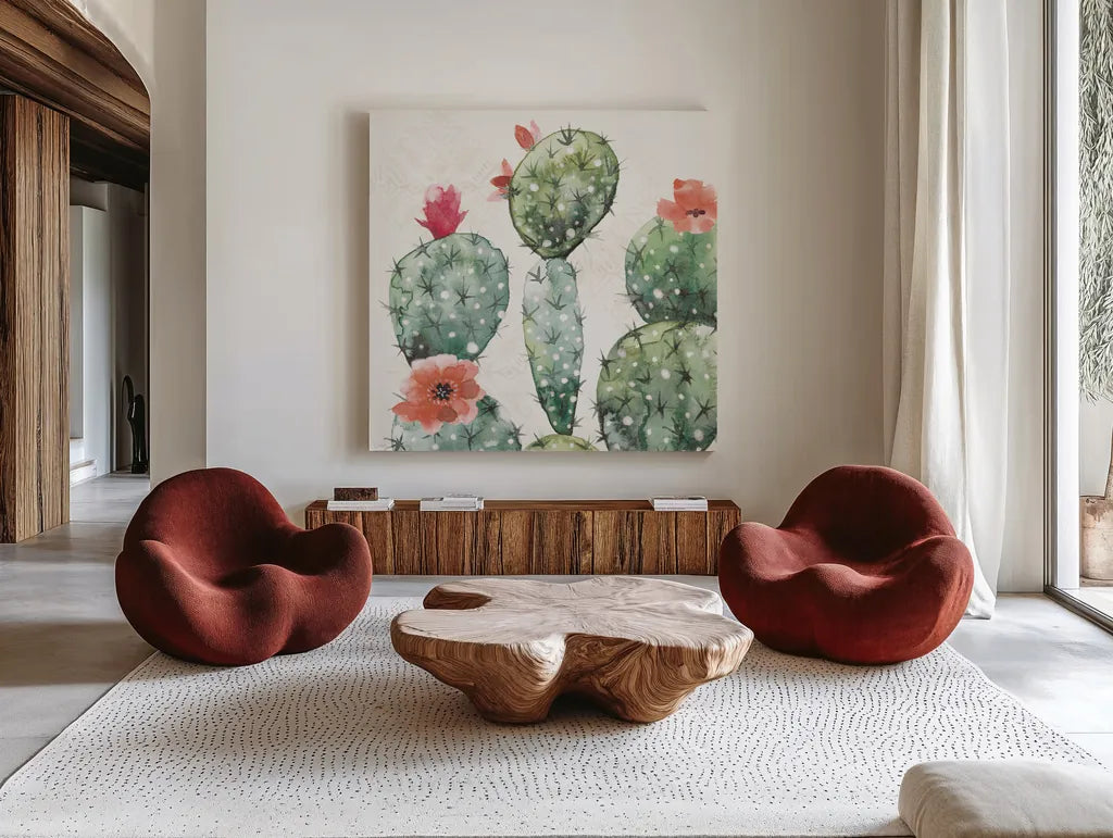 Sweet Southwest III by Dina June. Shown as extra-large giant wall art in a modern living room. Available as an archival giclee rolled canvas, fine art paper, or poster print. SKU 63097a.
