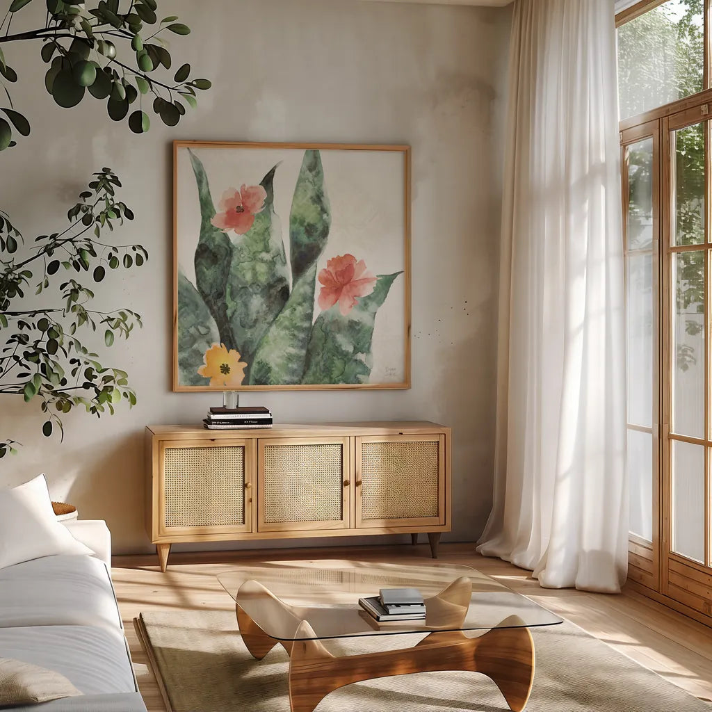 Sweet Southwest IV by Dina June. Shown in a natural wood frame in a cozy modern living room. Available as an archival giclee rolled canvas, fine art paper, or poster print. SKU 63098a.