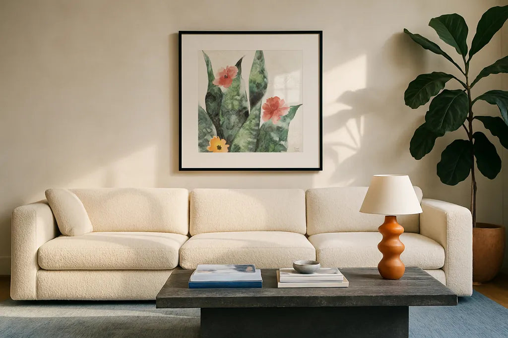 Sweet Southwest IV by Dina June. Displayed in a glass frame with matte in a clean modern living room. Available as an archival giclee rolled canvas, fine art paper, or poster print. SKU 63098a.