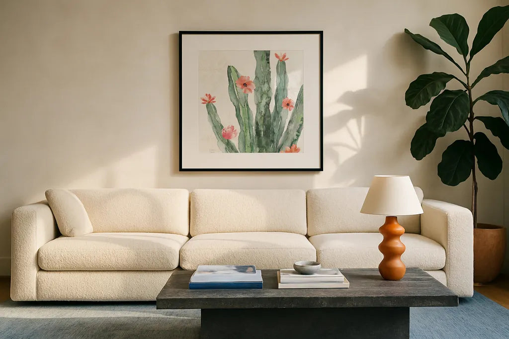Sweet Southwest VII by Dina June. Displayed in a glass frame with matte in a clean modern living room. Available as an archival giclee rolled canvas, fine art paper, or poster print. SKU 63101a.