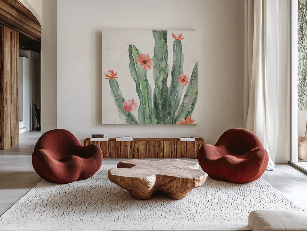Sweet Southwest VII by Dina June. Shown as extra-large giant wall art in a modern living room. Available as an archival giclee rolled canvas, fine art paper, or poster print. SKU 63101a.