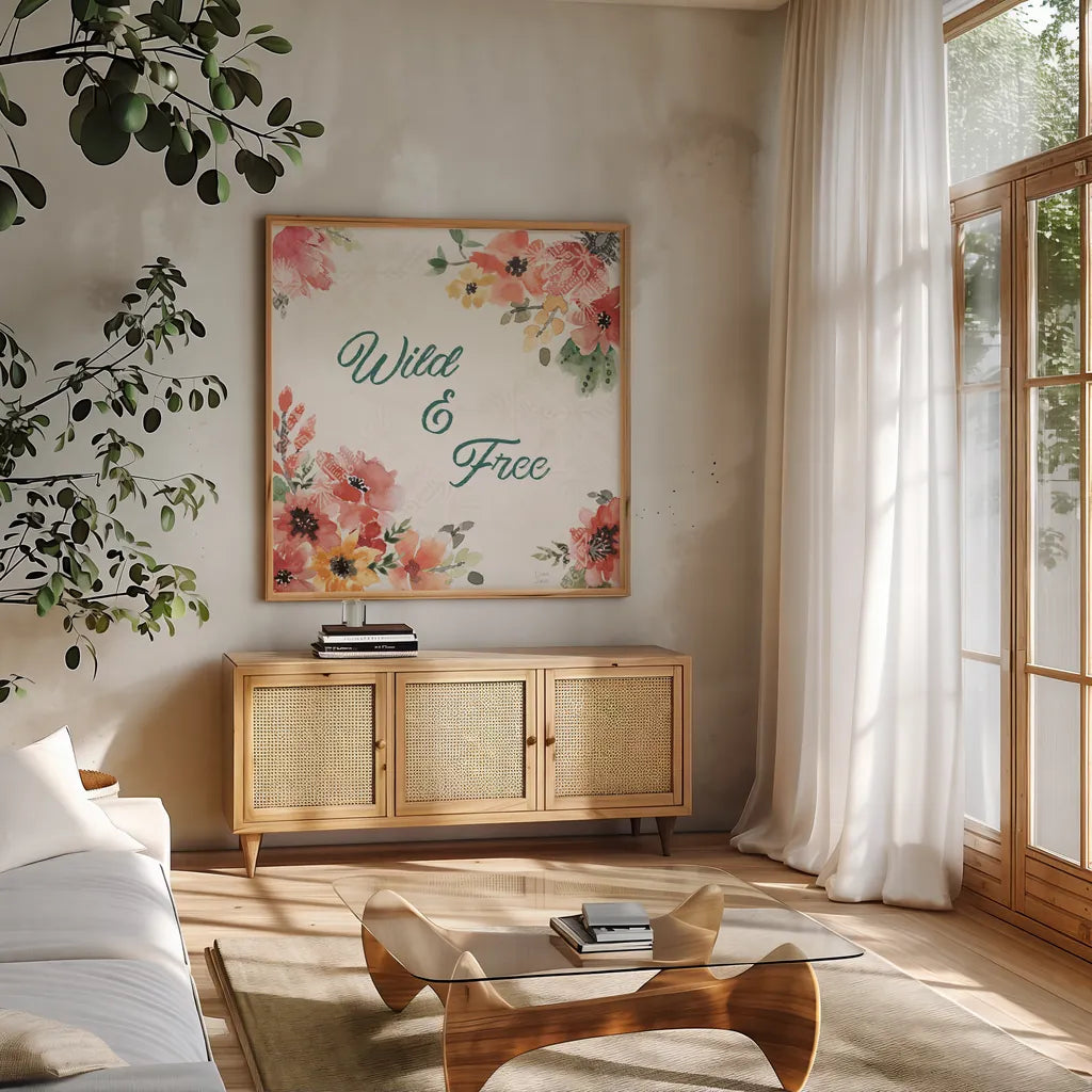 Sweet Southwest XIX by Dina June. Shown in a natural wood frame in a cozy modern living room. Available as an archival giclee rolled canvas, fine art paper, or poster print. SKU 63113a.