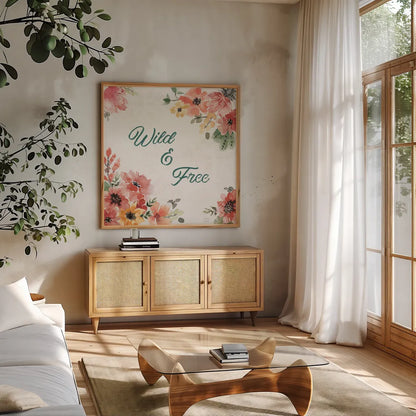 Sweet Southwest XIX by Dina June. Shown in a natural wood frame in a cozy modern living room. Available as an archival giclee rolled canvas, fine art paper, or poster print. SKU 63113a.