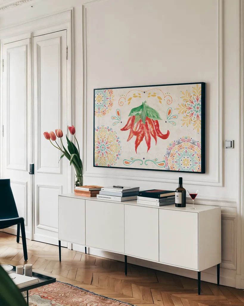 Sweet and Spicy I by Dina June. shown as a framed stretched canvas in a living room above a console. Available as a archival giclee rolled canvas, fine art paper, or poster print. SKU 72349i.