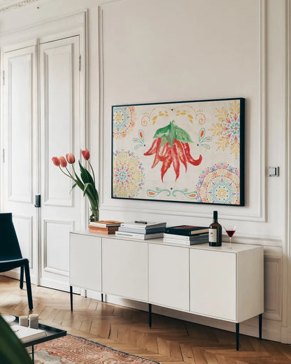 Sweet and Spicy I by Dina June. shown as a framed stretched canvas in a living room above a console. Available as a archival giclee rolled canvas, fine art paper, or poster print. SKU 72349i.