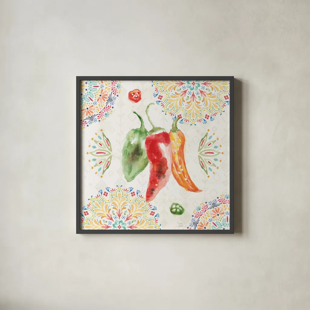 Sweet and Spicy II by Dina June. Shown in a sleek black glass frame for a contemporary gallery look. Available as an archival giclee rolled canvas, fine art paper, or poster print. SKU 72350a.