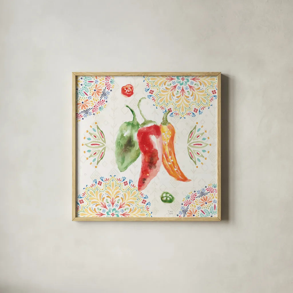 Sweet and Spicy II by Dina June. Shown in a natural wood glass frame for a timeless modern aesthetic. Available as an archival giclee rolled canvas, fine art paper, or poster print. SKU 72350a.