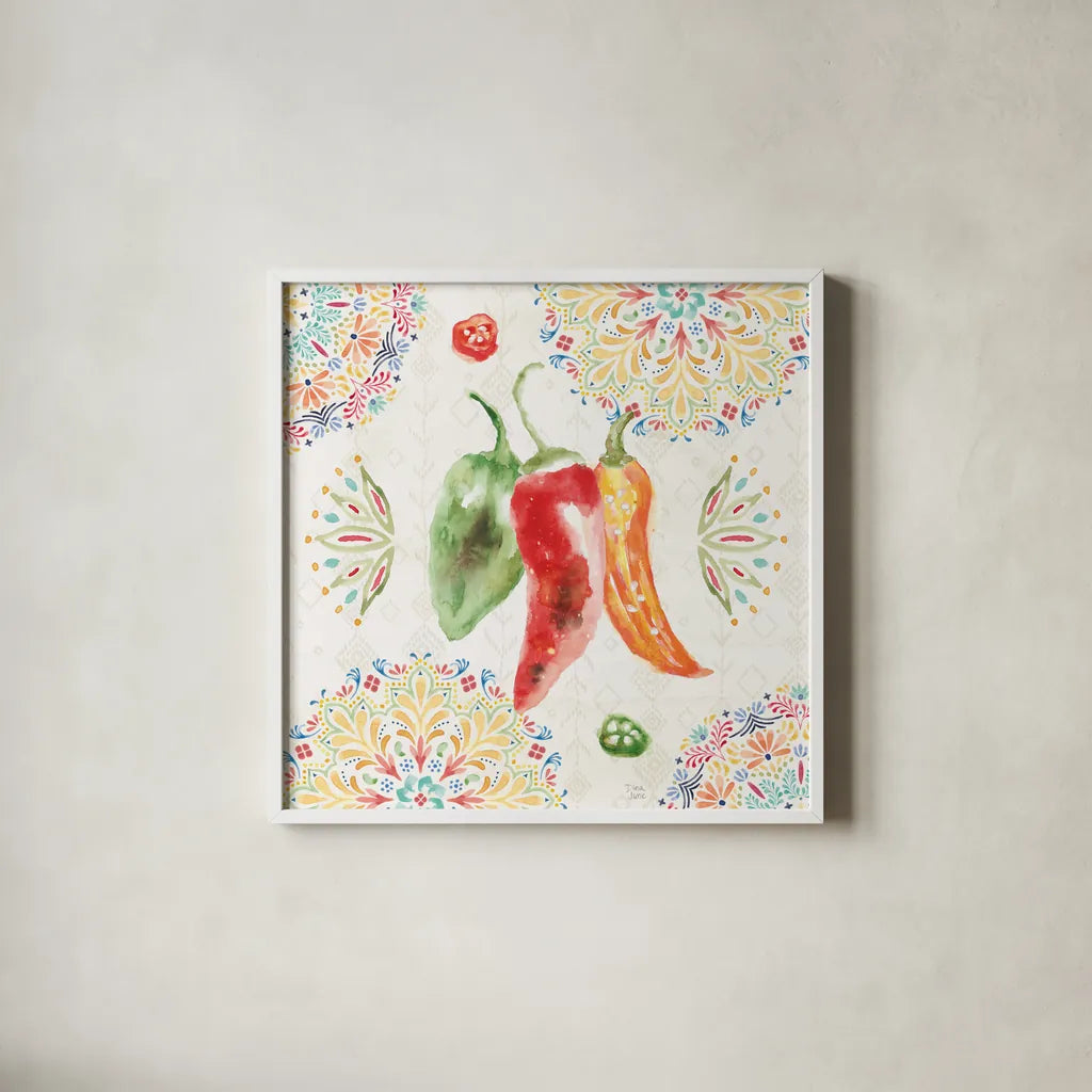 Sweet and Spicy II by Dina June. Shown in a crisp white glass frame for a clean and minimalist style. Available as an archival giclee rolled canvas, fine art paper, or poster print. SKU 72350a.
