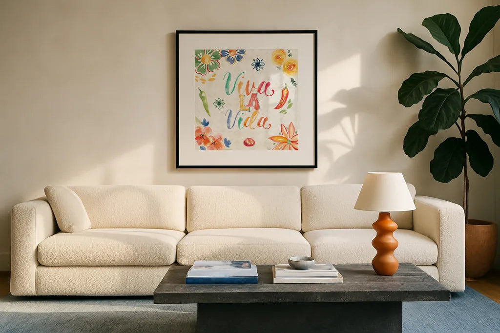 Sweet and Spicy V by Dina June. Displayed in a glass frame with matte in a clean modern living room. Available as an archival giclee rolled canvas, fine art paper, or poster print. SKU 72353a.