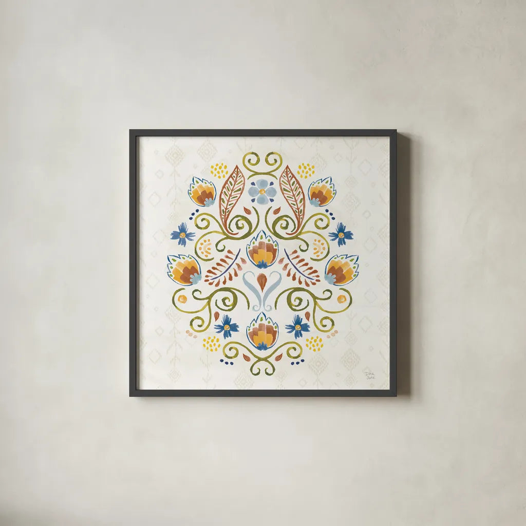 Sweet and Spicy XV Colorful by Dina June. Shown in a sleek black glass frame for a contemporary gallery look. Available as an archival giclee rolled canvas, fine art paper, or poster print. SKU 79062a.