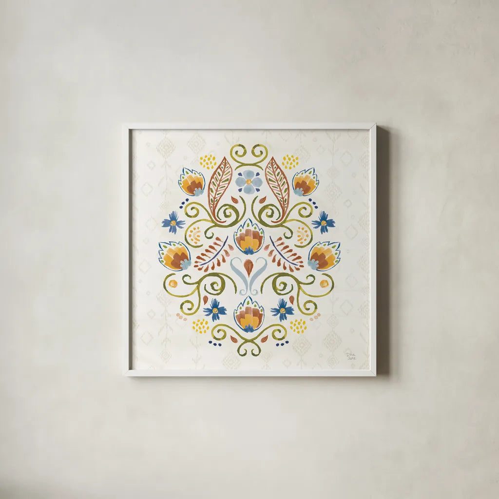 Sweet and Spicy XV Colorful by Dina June. Shown in a crisp white glass frame for a clean and minimalist style. Available as an archival giclee rolled canvas, fine art paper, or poster print. SKU 79062a.