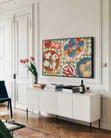 Tabletop II by Dina June. shown as a framed stretched canvas in a living room above a console. Available as a archival giclee rolled canvas, fine art paper, or poster print. SKU 104479i.