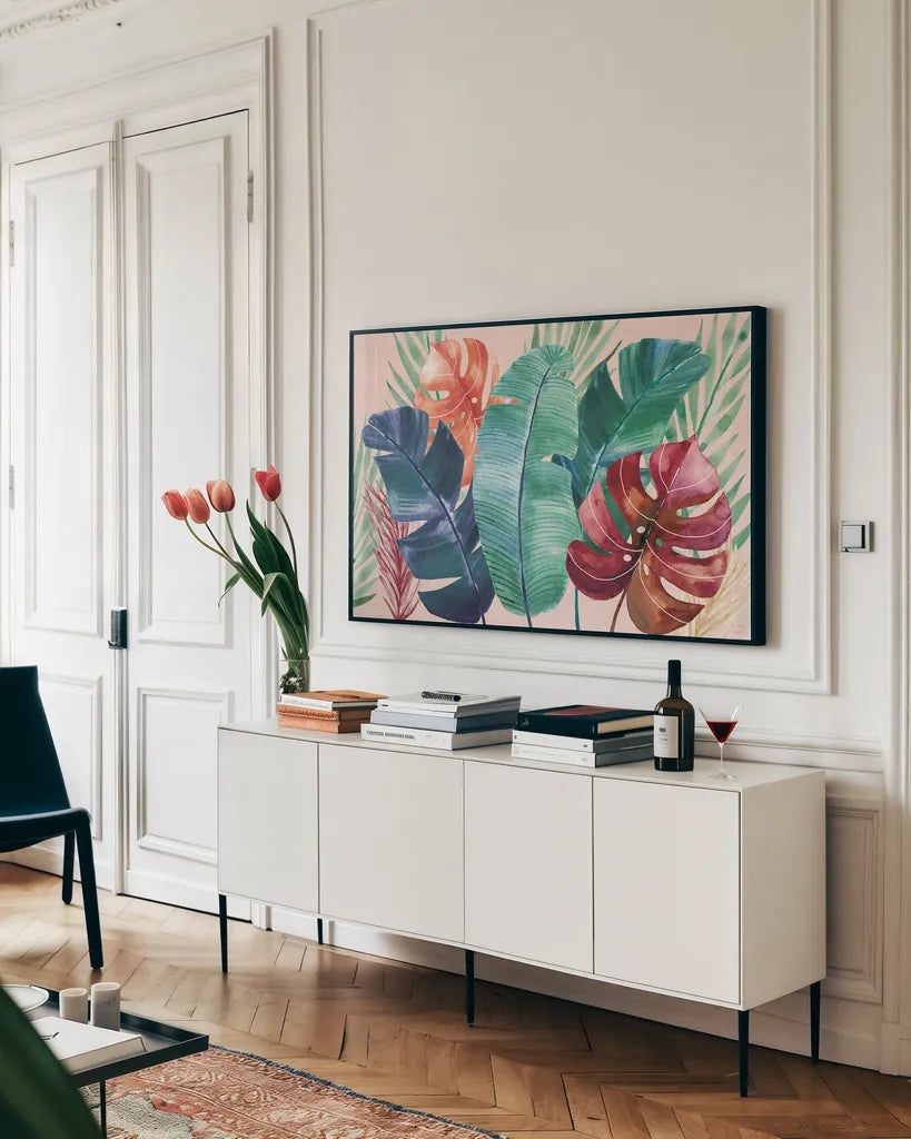 The Tropics I by Dina June. shown as a framed stretched canvas in a living room above a console. Available as a archival giclee rolled canvas, fine art paper, or poster print. SKU 79687i.