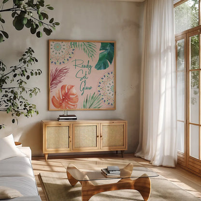 The Tropics VI by Dina June. Shown in a natural wood frame in a cozy modern living room. Available as an archival giclee rolled canvas, fine art paper, or poster print. SKU 79692a.
