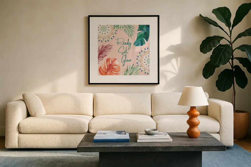 The Tropics VI by Dina June. Displayed in a glass frame with matte in a clean modern living room. Available as an archival giclee rolled canvas, fine art paper, or poster print. SKU 79692a.