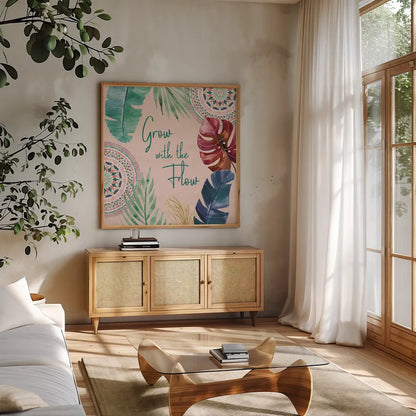 The Tropics VII by Dina June. Shown in a natural wood frame in a cozy modern living room. Available as an archival giclee rolled canvas, fine art paper, or poster print. SKU 79693a.