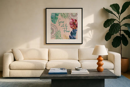 The Tropics VII by Dina June. Displayed in a glass frame with matte in a clean modern living room. Available as an archival giclee rolled canvas, fine art paper, or poster print. SKU 79693a.