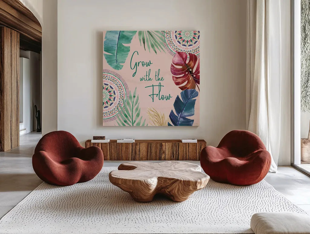 The Tropics VII by Dina June. Shown as extra-large giant wall art in a modern living room. Available as an archival giclee rolled canvas, fine art paper, or poster print. SKU 79693a.