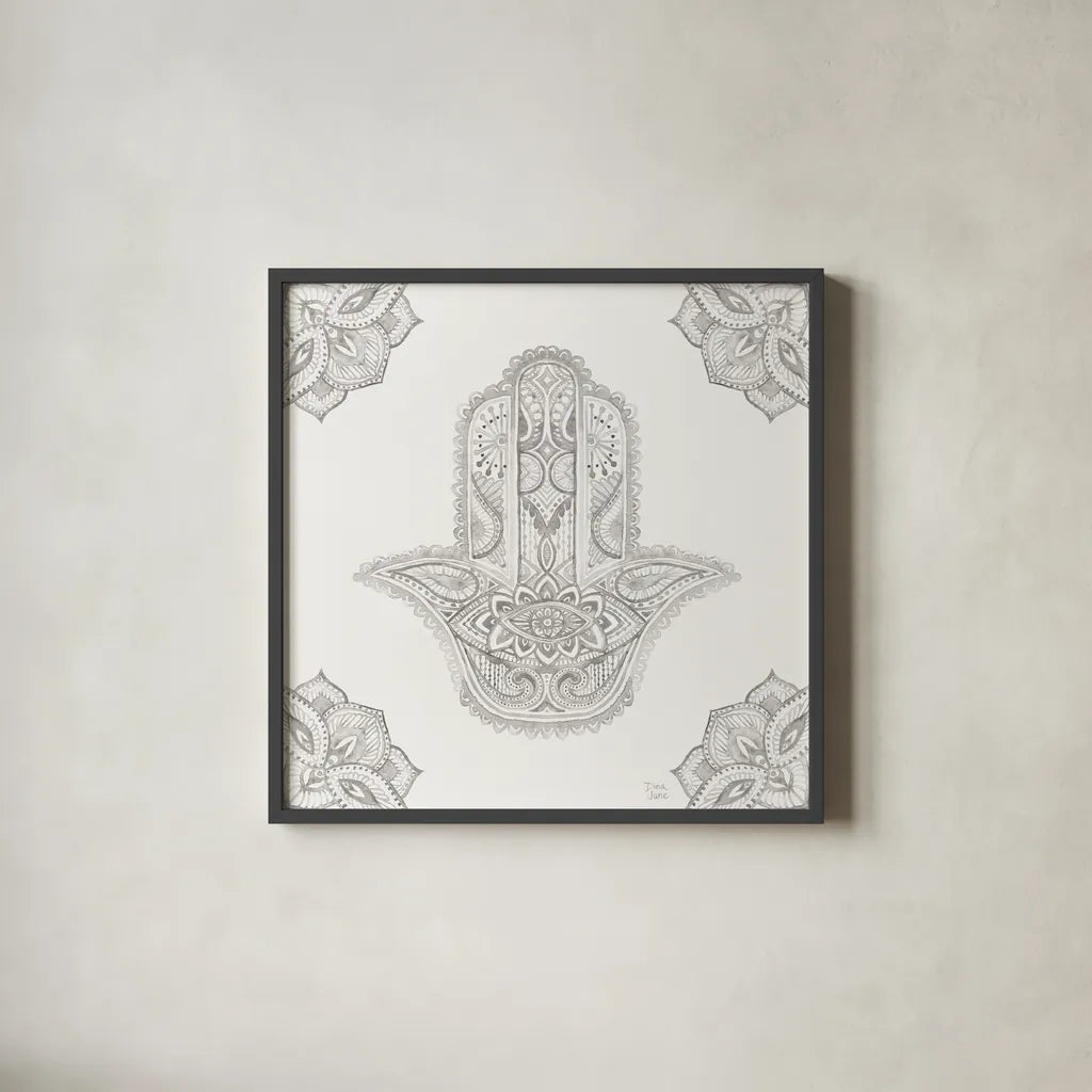 Touch of Hamsa I by Dina June. Shown in a sleek black glass frame for a contemporary gallery look. Available as an archival giclee rolled canvas, fine art paper, or poster print. SKU 65329a.