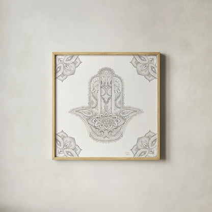 Touch of Hamsa I by Dina June. Shown in a natural wood glass frame for a timeless modern aesthetic. Available as an archival giclee rolled canvas, fine art paper, or poster print. SKU 65329a.