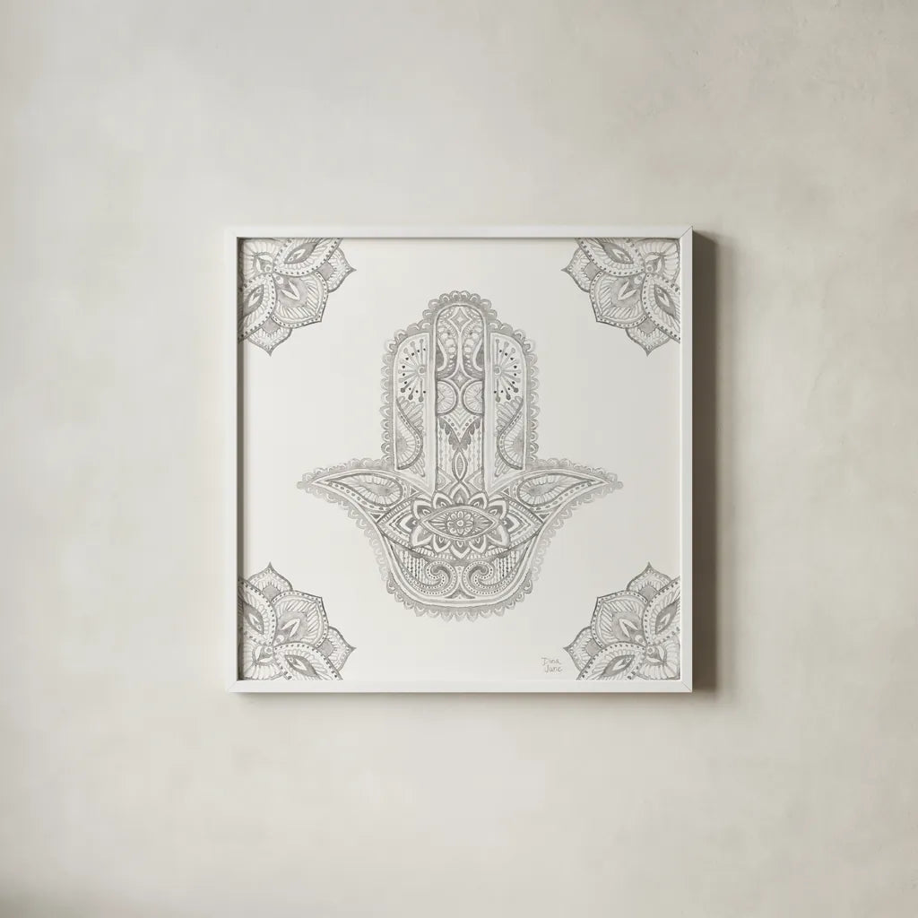 Touch of Hamsa I by Dina June. Shown in a crisp white glass frame for a clean and minimalist style. Available as an archival giclee rolled canvas, fine art paper, or poster print. SKU 65329a.